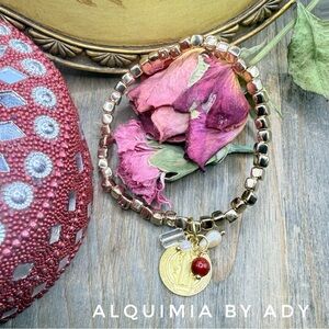 Saint Benedict gold Coral + opal + pearl gemstone beaded dainty bracelets